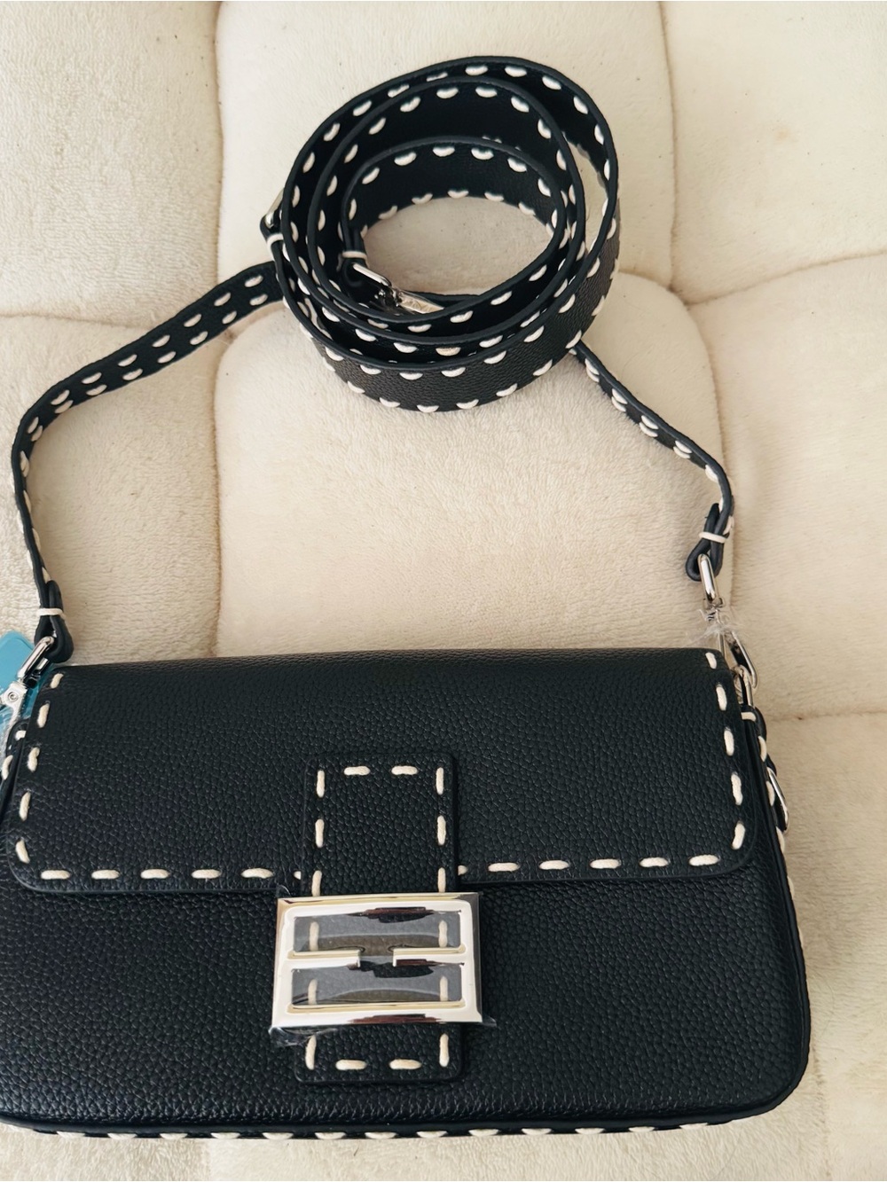 Tiffany & Fred Black Leather ,Shoulder Bag with Blue Logo Plaque
